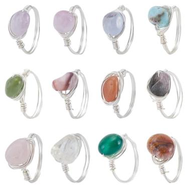 Imagem de HOBBIESAY Anéis de dedo envoltos em fio de cobre de cristal de pedra natural, anéis de pedras preciosas irregulares, presente de festa de aniversário de Natal, Pedras preciosas, Strass