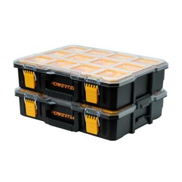 Imagem de POWERTEC Organizador de peças pequenas e caixa de ferramentas – 10 compartimentos, proteção IP65 contra água e poeira, armazenamento empilhável com trava intertravada, bandeja removível, tampa