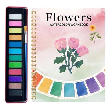 Imagem de Aquarela de plantas de flores, 15 padrões diferentes de designs originais de bricolage, 16 placas de tinta aquarela de cores com paleta e pincel, livros de aquarela para iniciantes, plantas