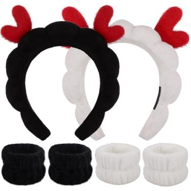 Imagem de WHAVEL Conjunto de 6 peças, faixa de cabeça com orelhas de cervo, pano felpudo, spa, faixa de cabelo de Natal, toalhas de pulso para mulheres, meninas, lavando rosto, maquiagem, cuidados com a pele