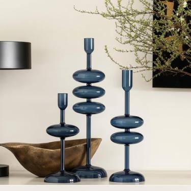 Imagem de LemonRoad Conjunto de 3 castiçais de vidro, castiçal de vidro azul profundo, castiçal ondulado, para casamento, Natal, casa, janela, jantar, decoração