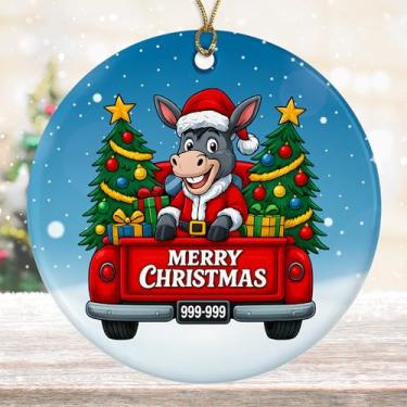 Imagem de DamienBrightGift Enfeite de Natal Burro no Caminhão Vermelho - Decoração de Cerâmica de Animal Papai Noel Bonito - Presente de Lembrança de Férias de Fazenda Engraçado - Decoração de Árvore de Natal