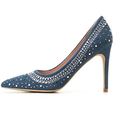 Imagem de Sapatos femininos sexy de strass salto alto 10 cm bico fino fechado salto agulha noite festa casamento sapatos sociais confortáveis, Jeans azul, 35