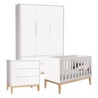 Imagem de Quarto De Bebê Classic 3 Portas Cômoda Gaveteiro Branco Com Pés Madeira Natural - Reller