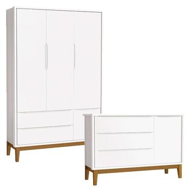 Imagem de Cômoda Infantil E Guarda Roupa 3 Portas New Classic Branco Com Pés Madeira - Reller