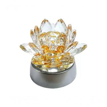 Imagem de Enfeite Escultura De Vidro Flor De Lotus De 10cm Com Base Espelhada Led Rgb Enfeite De Cristal Amarelo