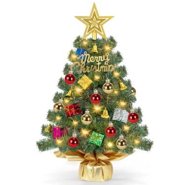 Imagem de Árvore de Natal de mesa realista de 61 cm, pequena árvore de Natal com 50 luzes quentes, bagas vermelhas, pinheiro, base de serapilheira, decoração de Natal para mesa interna (estilo 04)