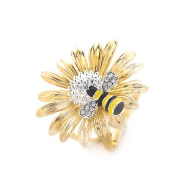 Imagem de Elegante clipe de lenço de seda de abelha de girassol para mulheres faixa larga declaração imitação cristal suporte envoltório moda flores xaile cachecóis fecho fivela deslizante cachecóis alfinetes