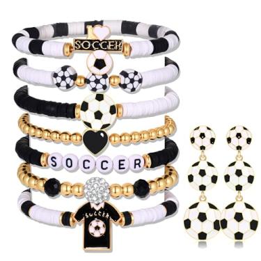 Imagem de PHALIN Pulseiras de futebol para mulheres, meninas, pingentes de futebol empilháveis, pulseiras de contas de barro, acessórios de joias, lembrancinhas de festa, presentes, onesize, Metal, Sem Pedra