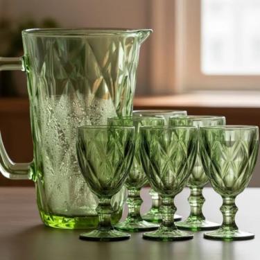 Imagem de Jogo de Taças com Jarra de Vidro Diamond Verde para Àgua ou Suco 7 Peças