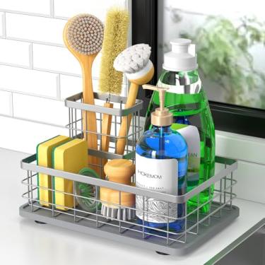 Imagem de HOKEMOM Grande suporte de esponja de tamanho familiar para pia de cozinha com suporte de escova - base antiderrapante sem dreno, aço inoxidável de 2,6 mm com revestimento prateado resistente à