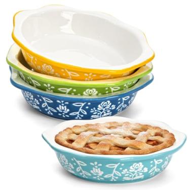 Imagem de Bekith Pacote com 4 mini formas de torta de cerâmica, prato de torta canelado, 15 cm, assadeira pequena antiaderente para quiche, mini forma de torta, segura para micro-ondas e forno