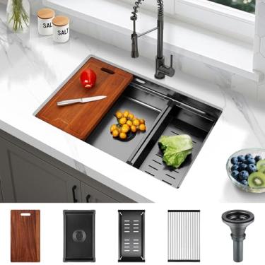 Imagem de Kunoqi Estação de trabalho de pia de cozinha preta de 76 x 48 cm, acabamento nano em favo de mel e revestimento nano PVD, aço inoxidável calibre 16, pia de tigela única feita à mão com tábua de corte