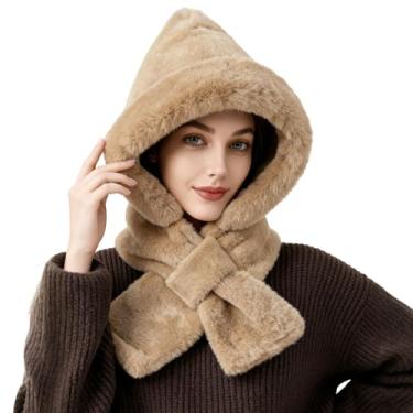 Imagem de Cachecol para mulheres, lenços com capuz 2 em 1 conjunto de chapéu e cachecol quente feminino chapéu de inverno felpudo, chapéus grossos, conjunto de café