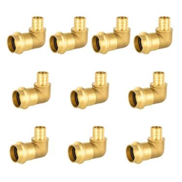 Imagem de Pacote com 10 Niikappu 3/10.2 cm Press x 3/10.2 cm Pex Crimp Elbow, Latão Pro Press Fitting Conexão de cotovelo para cobre e tubo Pex