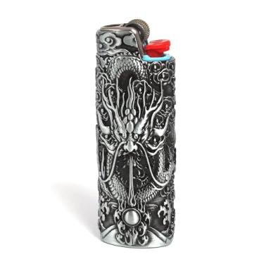 Imagem de HUMWE Capa vintage Dragon Metal Isqueiro, bolsa de manga gravada para isqueiros BIC tamanho completo