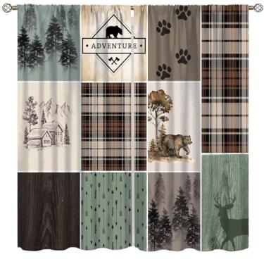 Imagem de Cortina de janela urso veado, rústico chalé retrô country fazenda buffalo, cortinas xadrez, tecido farbic para quarto, café, sala de jantar, escritório, sala de estar, cozinha, cortinas 107 x 114 cm