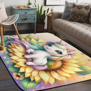 Imagem de Tapete de área para sala de estar, lavável à máquina, flor, unicórnio, girassóis, tapete antiderrapante, tapete macio para sala de estar, quarto, sala de jantar, berçário, cozinha, decoração de casa