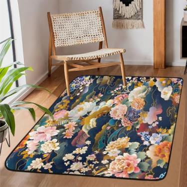 Imagem de Tapete de área para sala de estar, lavável à máquina, folhas de flores japonesas, antiderrapante, tapete macio para sala de estar, quarto, sala de jantar, berçário, cozinha, decoração de casa
