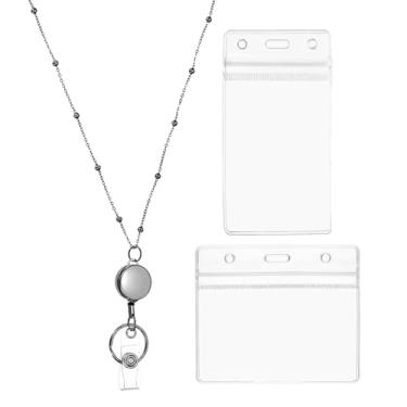 Imagem de Generic Cordão de colar de crachá com suporte de identidade, aço inoxidável 304 retrátil redondo carretel de crachá com clipe de corrente com 1 conjunto de porta-identidade para mulher escritório