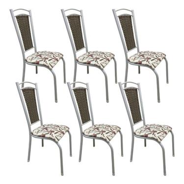 Imagem de Kit 6 Cadeiras Cozinha Aço Tubolar Confortável Jantar Bege e Branco Tecido Floral