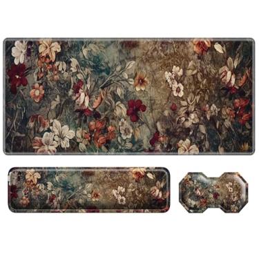 Imagem de Conjunto de 3 peças de mouse pad, arte escura flores grandes gamer mouse pad com borda costurada, suporte ergonômico de espuma de memória para o pulso e almofada de descanso de pulso do mouse