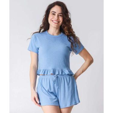 Imagem de Pijama Feminino Canelado Babado Marisa Azul-73016, Azul, M