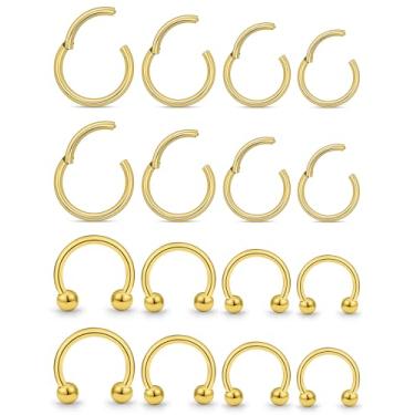 Imagem de Kridzisw Anel de nariz de septo dourado 16G feminino masculino cirúrgico aço inoxidável hipoalergênico articulado septo nariz narina lábio anel clicker cartilagem helix tragus daith torre concha