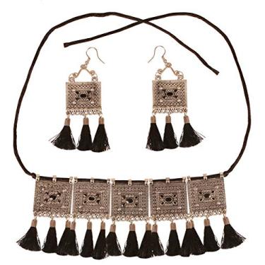 Imagem de Touchstone Conjunto de colar indiano Bollywood tribal boho cigano oxidado lindo motivo cortado à mão em tom de prata oxidado para mulheres.