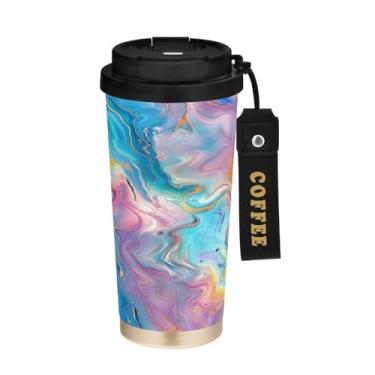 Imagem de YETTASBIN Caneca de café de mármore com isolamento térmico de 482 g com tampa canudo, copo à prova de derramamento e vazamento com alça para bebida quente e fria, garrafa de água de aço inoxidável