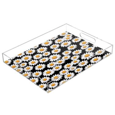 Imagem de STAYTOP Bandeja de servir de acrílico margarida branca 15,7 × 11,20 cm, bandejas decorativas à prova de derramamento, organizador de bancada para café da manhã, chá, comida, maquiagem