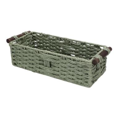 Imagem de Eujgoov Cesta de Armazenamento de Vime, Corda de Tecida à Mão Com Alça de Madeira, 35x15x10cm, Organizador Versátil para Tanque de Vaso Sanitário, Prateleiras para Sala de Estar (Verde)