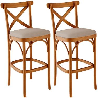 Imagem de Kit 02 Banquetas Altas Cozinha Bancada Bar Sala Jantar Estofada ávila L02 Linho Bege Escuro - Lyam