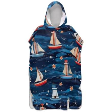 Imagem de Joisal Poncho de surfe trocador de roupão para adultos praia moletom toalha natação reutilizável praia ponchos para homens veleiros mar azul