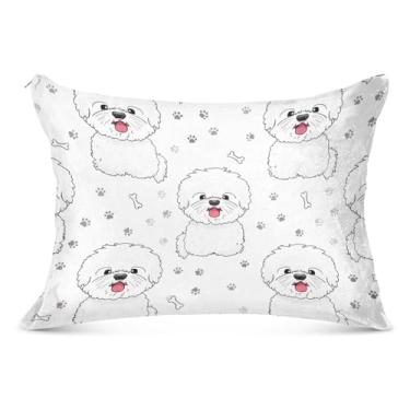 Imagem de Lindos cães de desenho animado fronhas de flanela branca com zíper capa de travesseiro padrão King Queen capas de travesseiro de cama macia, tamanho padrão, 51 x 66 cm