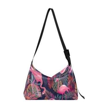 Imagem de Bolsa de ombro vintage tropical com palmeira de couro PU Hobo transversal bolsa masculina com estampa de folha de desenho animado bolsas Hobo, Flamingo Tropical Leaf Pink