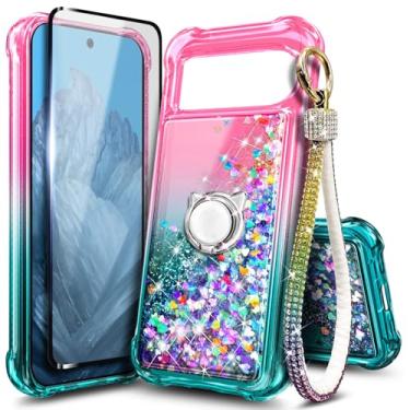 Imagem de WDHD Capa compatível com Google Pixel 10 Pro XL, rosa/aqua | Capa fofa com glitter brilhante para mulheres e meninas com protetor de tela de vidro temperado/suporte de anel/cordão de pulseira de