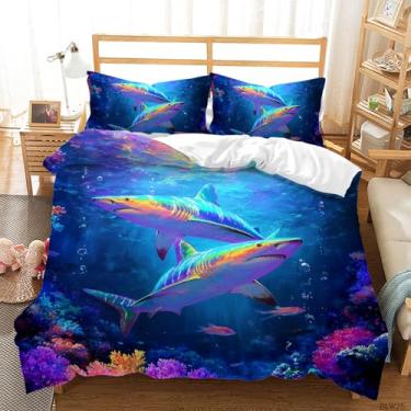 Imagem de AILONEN Conjunto de capa de edredom tamanho solteiro, tubarão azul, peixe, oceano, para crianças, meninos, meninas, vida marinha, estampa coral, capa de edredom com 2 fronhas, 3 peças