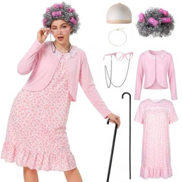 Imagem de Kit de fantasia de senhora com camisola, peruca, bengala, vestido de vovó, kit de acessórios de cosplay para adultos, rosa, Small-Medium