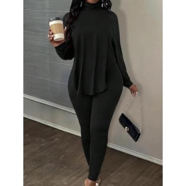 Imagem de Conjunto feminino de 2 peças de gola rolê preta - blusa assimétrica de manga comprida e roupa legging, Preto, X-Large