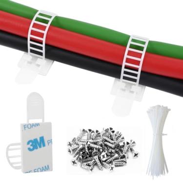 Imagem de Correias de cabo adesivas, organizador de abraçadeiras de cabo de nylon ajustável com fita adesiva forte, parafuso extra e orifício para gestão de cabos de fixação sólida, Large - 100pcs, White