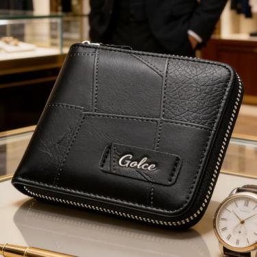 Imagem de Carteira masculina de couro curta com zíper, design seguro preto elegante (preto)