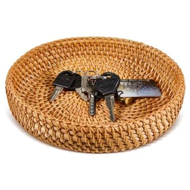 Imagem de Hushee 1 cesta pequena de chaves redondas para entrada, cesta de vime de vime, bandeja redonda para organizar chaves, carteira, celular, mesa, servir frutas, alimentos, armazenamento de mesa