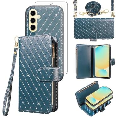 Imagem de Capa carteira compatível com Samsung Galaxy S24 FE 5G com zíper e protetor de tela de vidro temperado alça transversal flip flip porta-cartões capa de telefone para S 24 EF AI S24FE 24S feminino verde