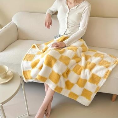 Imagem de Cobertor xadrez ultramacio aconchegante xadrez de búfalo macio cobertor de malha reversível cobertor de lã leve quadriculado para sofá sofá cama viagem - amarelo branco-70 x 100 cm