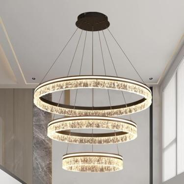 Imagem de Lustre moderno de LED dourado, dimerizável, 3000K-6500K, com anéis, suporte de teto e altura ajustável. Luminária pendente elegante em acrílico para sala de jantar, sala de estar e cozinha (
