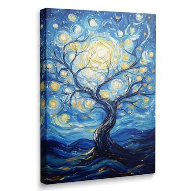 Imagem de Conjunto de arte de parede em tela emoldurada Van Gogh, árvore da vida abstrata colorida e pinturas noturnas estreladas, decoração de parede boho para sala de estar, quarto, banheiro, arte azul para