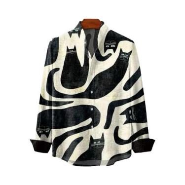 Imagem de Camisa De Linho Masculina Com Estampa Retrô De Gatinho, Manga Longa, P