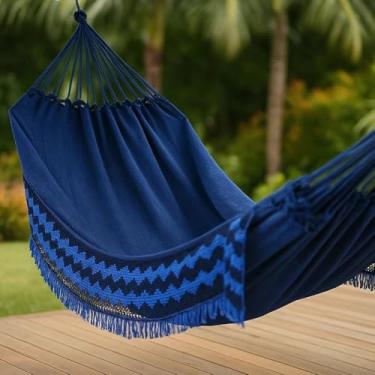 Imagem de Rede de Dormir Grande Jeans Style com Franja – Resistente para Descanso em Varanda, Jardim e Piquenique ao Ar Livre (Azul Marinho)
