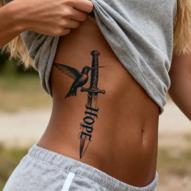 Imagem de Tatuagens minimalistas semipermanentes de suco de ervas espada longa beija-flor "HOPE" 7-14 dias sem queda não reflexivo braço ombro pescoço perna corpo tatuagem adesivos à prova d'água 1 peça